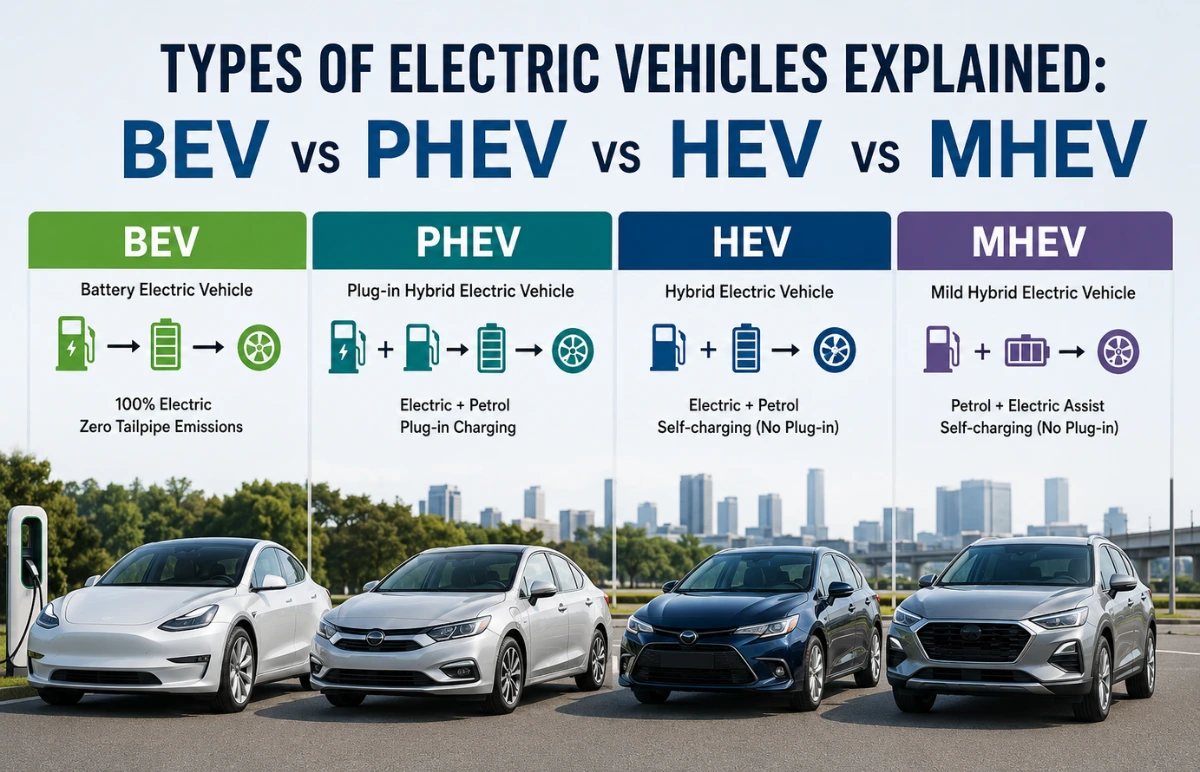 Types of Electric Vehicles Explained: BEV vs PHEV vs HEV vs MHEV Featured Image